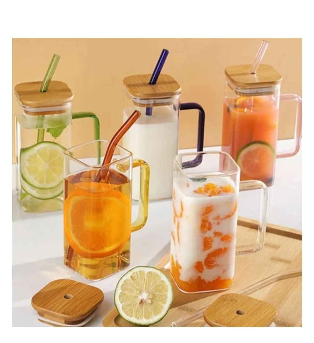 SQUARE GLASS CUP WITH BAMBOO LID AND STRAW