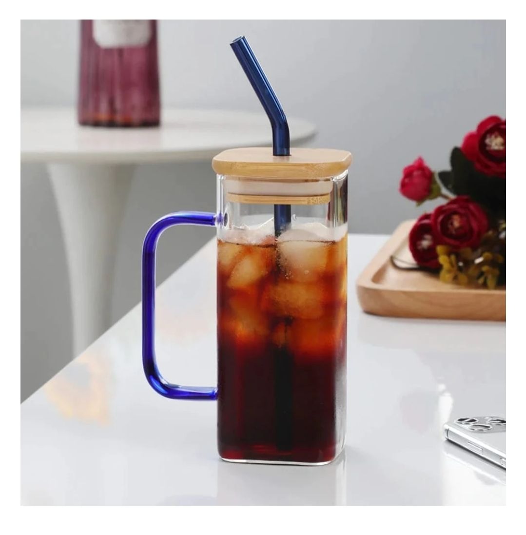 SQUARE GLASS CUP WITH BAMBOO LID AND STRAW